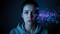 Young woman with digital holographic interface and futuristic technology elements surrounding her face in dark blue ambient lighting.