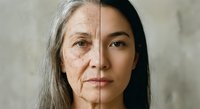 Split face portrait showing aging process from young to elderly woman with wrinkles and gray hair transformation for skincare and beauty concepts.