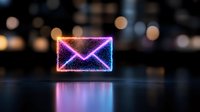 Glowing neon envelope icon floating in dark space with colorful bokeh lights and reflection on glossy surface. Modern digital communication concept.