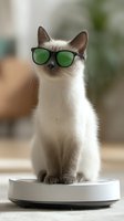 Stylish Siamese cat wearing green sunglasses sits confidently on white smart scale. Soft bokeh background creates modern lifestyle pet photography mood.