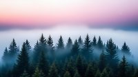 Misty pine forest silhouettes against pink and purple sunset sky, foggy mountain landscape with evergreen trees and dreamy atmospheric haze in nature.
