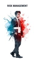 Professional businessman in suit with laptop amid colorful watercolor splashes for risk management concept presentations and corporate training materials.