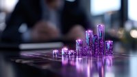 Glowing purple digital bar graph on business table with blurred professional in background, representing financial growth and data analytics.