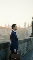 Professional businessman in navy suit holding briefcase standing on stone bridge at sunset with city skyline background for corporate lifestyle concepts.