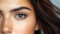 Young woman with natural makeup and flowing brown hair showcasing healthy glowing skin and defined eyebrows for beauty and skincare concepts.