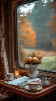 Cozy autumn morning setup by train window with coffee cup, newspaper, candle and white pumpkin arrangement in vintage pitcher against fall landscape view.