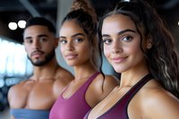 Diverse group of athletic young people in sportswear at gym, smiling and looking confident during workout session. Fitness and healthy lifestyle concept.