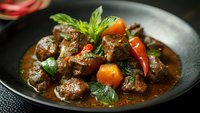 Hearty beef stew with tender meat chunks, carrots, cherry tomatoes, and fresh mint garnish served in a black bowl on dark background.