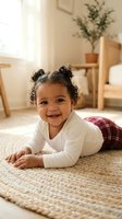 Happy mixed race toddler girl with curly hair lying on carpet in cozy living room smiling at camera wearing white shirt and plaid pants.