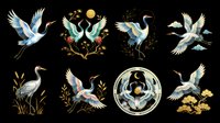 Watercolor crane birds collection with botanical elements, isolated on transparent background. Ready for t-shirt design, clipart, stickers, sublimation, print-on-demand products and digital crafts.