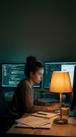 Young female software developer working late at night with multiple monitors displaying code in dimly lit home office with warm desk lamp.