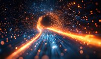 Abstract digital tunnel with glowing orange and blue light particles creating a futuristic pathway through cyberspace.