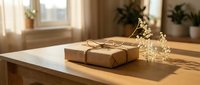 Kraft paper gift box tied with twine and dried flowers on a wooden table in warm sunlight, cozy home interior background.