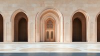 Elegant mosque interior with pointed arches and ornate wooden door, featuring symmetrical architecture in soft beige stone and marble flooring with geometric patterns.
