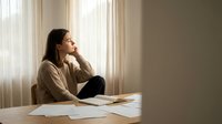 Young woman sitting at table with documents thinking deeply about financial planning and paperwork in bright home office with natural window light.