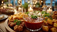 Crispy golden cauliflower bites with tangy dipping sauce on wooden board, warm candlelit restaurant atmosphere for appetizer menu design.