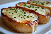 Baked potato boats filled with melted cheese and fresh chives on white plate, close-up view showing crispy skin and creamy topping for food photography.