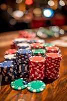 Stacks of colorful poker chips on wooden table with soft bokeh background lights, showing red, blue and green gaming pieces in casino atmosphere.