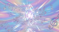 Holographic musical notes floating in iridescent pastel space with rainbow light rays creating ethereal symphony atmosphere for creative projects.
