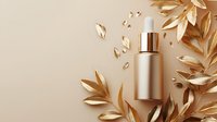 Luxury cosmetic dropper bottle with golden leaves on beige background. Premium skincare packaging mockup for beauty product presentation.