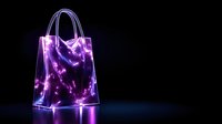Glowing neon purple shopping bag with electric lightning effect on dark background, modern retail and fashion concept for commercial design and advertising.
