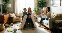 Happy multiethnic family playing together in cozy living room with children building blanket fort while parents watch from sofa during quality time at home.