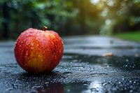 Fresh red apple with water drops on dark wet surface in moody lighting, perfect for healthy lifestyle, food marketing and natural product advertising.