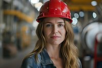 Confident female industrial engineer in red safety helmet and denim jacket smiling at camera in manufacturing facility with bokeh background, workplace diversity concept.