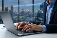Business professional analyzing data dashboard on laptop with holographic interface displaying charts and analytics in modern office environment.