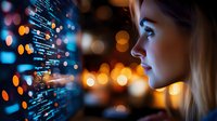 Young blonde woman looking at programming code on futuristic digital interface with glowing bokeh lights in dark room, side view profile against blue technology display.