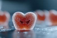 Red heart-shaped gummy candy covered in sugar crystals on dark surface with soft bokeh background, macro photography showing sweet texture and sparkle details.