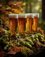 Four tall glasses of craft beer with frothy heads arranged on fresh hop cones and autumn foliage, forest with fall colors in background.