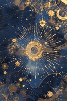 Mystical celestial pattern with golden sun burst, stars, and moon phases on deep blue background. Decorative cosmic design for spiritual and astrological projects.
