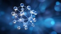 Glowing molecular structure with interconnected atoms on dark blue bokeh background, scientific concept showing chemical bonds and crystalline formation.