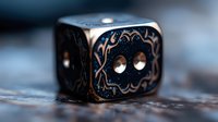 Decorative metal gaming dice with ornate pattern and skull design in antique copper finish on textured surface, macro photography with selective focus.