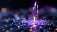 Futuristic rocket launch with purple neon lights on digital circuit board background. Technology startup concept for space exploration and innovation projects.