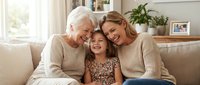 Three generations of Caucasian women bonding together on couch in bright living room. Grandmother, mother and young daughter sharing happy moment at home.