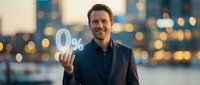 Young male professional in dark business suit holding zero percent symbol against blurred city skyline at dusk, representing low interest rates, financial offers, or promotional deals for banking and commerce.