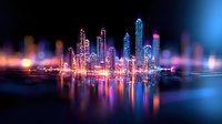 Futuristic city skyline with glowing neon buildings reflected in water, featuring vibrant pink and blue lights against dark background. Modern urban nightscape.