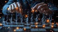 Dramatic chess game scene with glowing orange particles and dark atmosphere, hands moving pieces on reflective board in strategic gameplay moment.