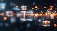 Glowing transparent cube floating in dark space with magical bokeh lights and sparkles creating dreamy atmospheric background effect.