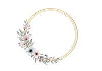 Watercolor floral wreath with gold circular frame and delicate wildflowers, leaves, and botanical elements on white background. Perfect for wedding invitations, greeting cards, and design projects.