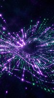 Digital data streams exploding from center with purple and green light rays against starry space background for technology and cyber concepts.