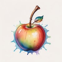 Vibrant watercolor apple with rainbow colors and blue splash effect on light background, wooden stem and turquoise leaf create whimsical fruit art composition.