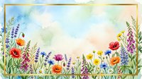 Watercolor wildflower meadow border with colorful blooms including poppies, lavender, daisies and foxgloves on soft pastel background for spring designs.