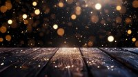 Rustic wooden table with magical golden bokeh lights and sparkles floating in dark background, creating dreamy atmospheric scene for product display.
