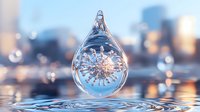 Frozen water drop with delicate crystalline snowflake suspended inside against winter cityscape background, macro photography capturing magical moment above rippled surface.