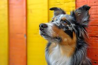 Australian shepherd dog portrait against vibrant yellow and orange wall background, looking up with attentive expression and distinctive tri-colored coat pattern.