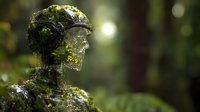 Moss-covered stone statue head in profile surrounded by lush green forest with soft sunlight filtering through trees creating mystical woodland atmosphere.