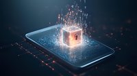 Glowing padlock cube emerging from smartphone screen with digital particles and light effects, representing cybersecurity and data protection concept.
